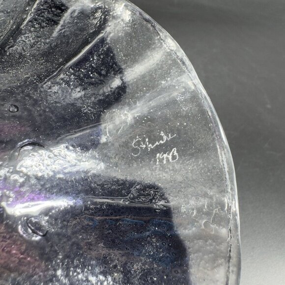 Vintage Hand Made Fused Art Glass Dish Bowl Artist Signed Ruffled Edge Purple - Picture 5 of 12